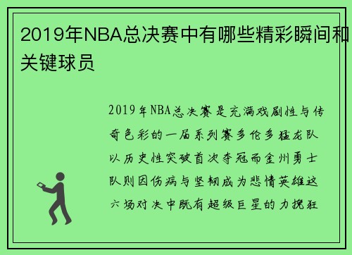 2019年NBA总决赛中有哪些精彩瞬间和关键球员